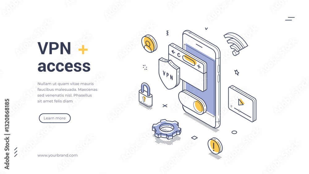Wall mural web banner showcases a vpn access template featuring isometric design elements like a smartphone and