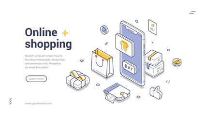 Web banner template features an isometric design showcasing online shopping elements such as a smartphone, shopping bags, and various payment methods. Ideal for e-commerce platforms.