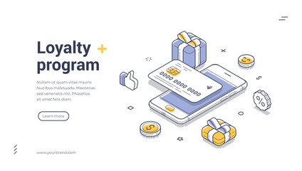 Web banner template showcases an isometric design for a loyalty program. Featuring a mobile phone, gift boxes, and coins, the illustration highlights user-friendly rewards and engagement.