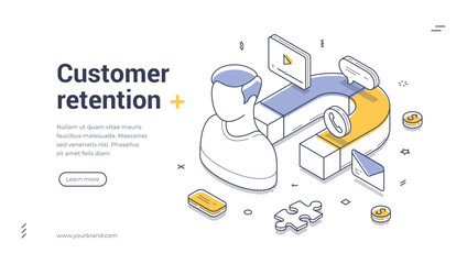 Web banner template designed for customer retention showcases an isometric illustration featuring a person with various digital elements. Modern vector illustration