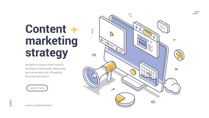 Web banner features an innovative isometric design showcasing elements of content marketing strategy. Modern vector illustration