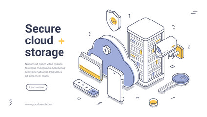Web banner template illustrates secure cloud storage concepts using isometric design. It features a cloud, a data center, and security tools to emphasize data safety. Vector illustration