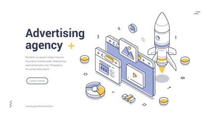Web banner template showcases an advertising agency theme with isometric illustrations. It features a rocket, web pages, and design elements that promote digital creativity and innovation.