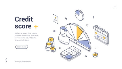Web banner template illustrates essential aspects of credit scoring. It features a credit score gauge, financial icons, and tools to empower users in managing their finances effectively.