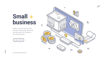 Web banner template features isometric design elements to showcase small business solutions.