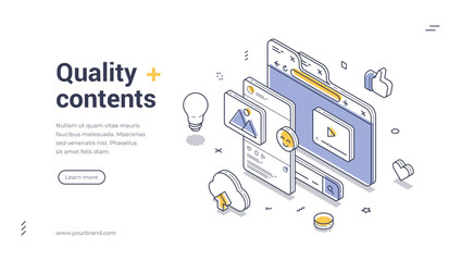 Web banner template showcases various digital elements such as light bulbs, images, and videos, emphasizing quality content creation. Ideal for web design or marketing projects. Vector illustration