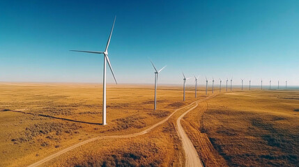 Expansive wind farm on open prairie with clear blue sky horizon