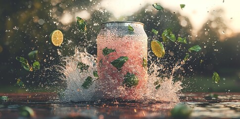 Obraz premium Chilled citrus lime juice in a sparkling aluminium silver soda can, visually enhanced with flying limes and splashing droplets in a mockup design