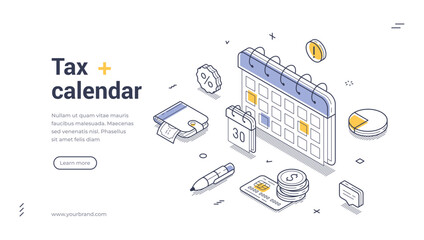 Explore a user-friendly tax calendar designed for effective financial management. Web banner showcases essential tax dates, tools, and resources for effortless tracking. Vector illustration