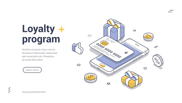 Web banner template showcases an isometric design for a loyalty program. Featuring a mobile phone, gift boxes, and coins, the illustration highlights user-friendly rewards and engagement.