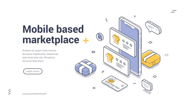 Web banner showcases a mobile based marketplace featuring isometric design elements. It highlights products, user reviews, and a call to action for deeper engagement, perfect for promoting ecommerce.