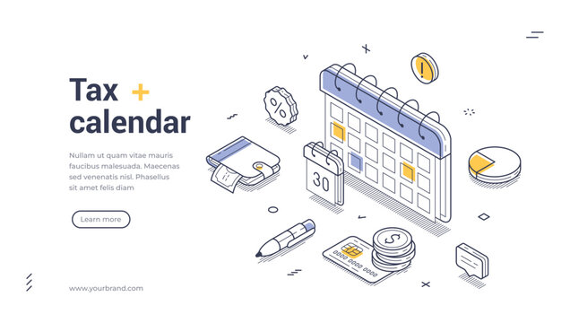 Explore a user-friendly tax calendar designed for effective financial management. Web banner showcases essential tax dates, tools, and resources for effortless tracking. Vector illustration