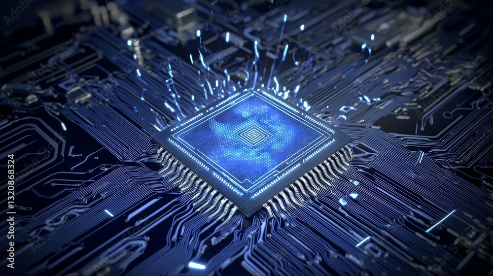 Poster an abstractly designed circuit board featuring a central processing unit is showcased through a 3d r