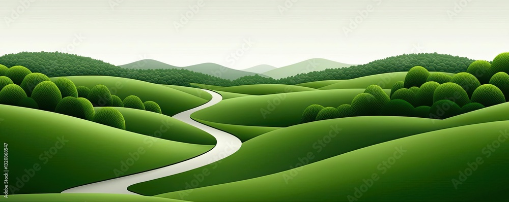 Poster abstract landscape background idea. a serene landscape featuring rolling green hills and a winding r