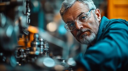Fototapeta premium In a state-of-the-art food processing plant, a middle-aged maintenance engineer conducts preventive maintenance on critical machinery. His expertise ensures efficient operation and safety