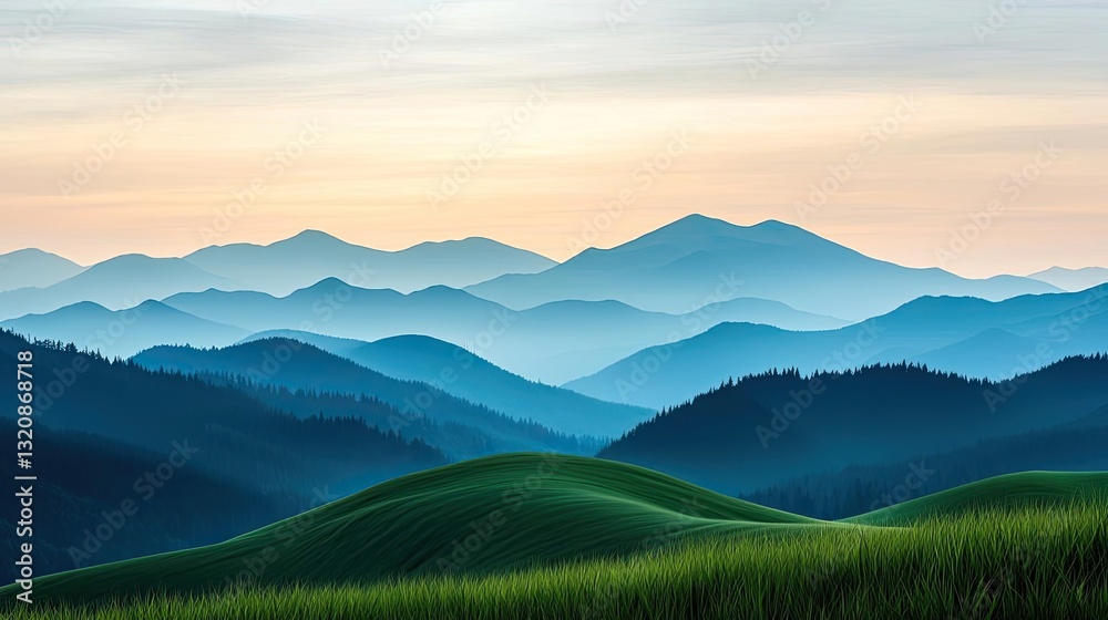 Poster abstract landscape background idea. breathtaking view of rolling hills and misty mountains during su