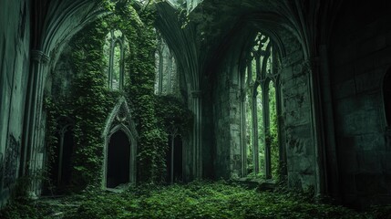 Obraz premium An overgrown gothic cathedral interior filled with lush green foliage