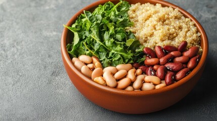 Healthy and Nourishing Plant Based Bowl Filled with Quinoa Assorted Beans and Fresh Leafy Greens for a Balanced and Delicious Meal Promoting Overall Wellness and Vitality