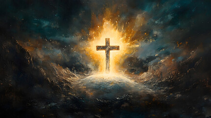 Fototapeta premium A vivid portrayal of the resurrection of Jesus, with a glowing cross emerging from an empty tomb and light from heaven filling the sky, symbolizing divine victory over death and eternal hope for all w