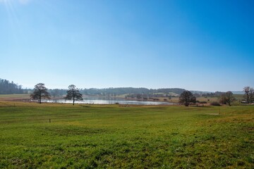 Fototapeta premium Serene landscape with lake and trees under blue sky