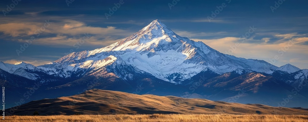Poster abstract landscape background idea. breathtaking view of a snow-capped mountain under a serene cloud