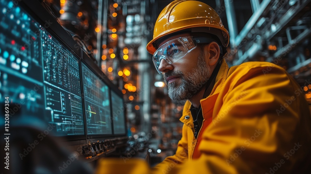 Leinwandbilder a skilled engineer in safety gear closely examines operational data on digital screens at a petroche
