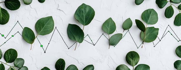 The combination of financial growth and environmental sustainability is depicted in an image of a desk covered in financial documents, charts, and graphs, alongside vibrant green leaves