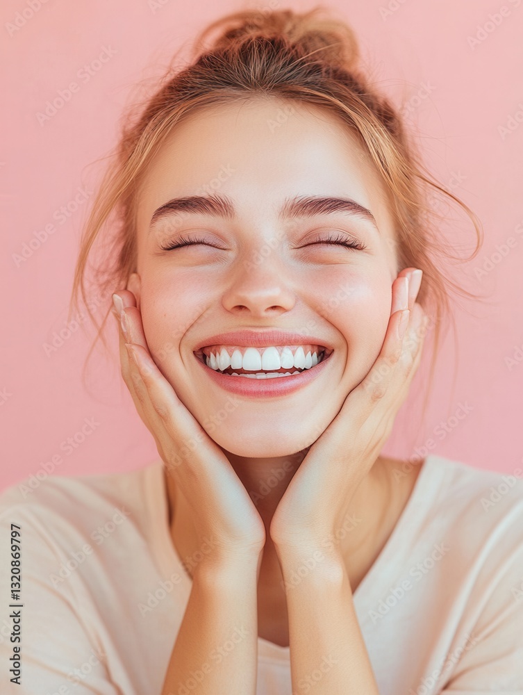 Poster smiling person reveals bright new smile after dental implants with soft bokeh background in pastel t
