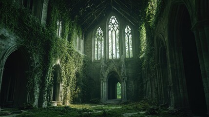 An overgrown gothic cathedral with sunlight illuminating the green foliage