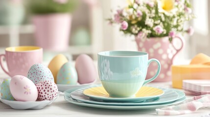 Pastel Easter eggs, teacup, flowers, spring table setting, holiday celebration