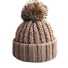 Knitted Beanie with Faux Fur Pom Pom Isolated on Transparent Background