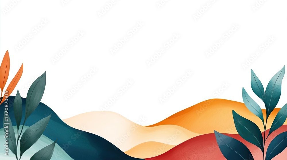 Poster Abstract landscape background idea. Colorful abstract landscape with leaves and vibrant flowing patterns for creative projects.