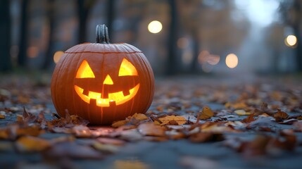 Spooky Halloween Pumpkin with Jack O' Lantern Face in Autumn Scene