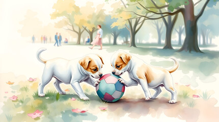 two dogs playing with ball