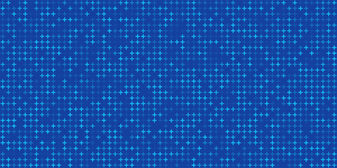 Medical blue background. Healthcare blue pattern with glowing plus signs. Seamless abstract futuristic digital backdrop with pixelated geometric elements. Modern technology vector illustration.