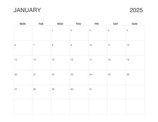 JANUARY 2025 Letter Size Monthly Calendar, Minimalist Printable Calendar, Dated JANUARY Planner
