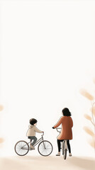 Obraz premium Mother and son cycling through golden autumn landscape, enjoying vibrant foliage and shared moment of connection, showcasing idyllic family outdoor experience