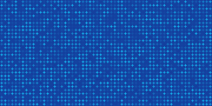 Medical blue background. Healthcare blue pattern with glowing plus signs. Seamless abstract futuristic digital backdrop with pixelated geometric elements. Modern technology vector illustration.