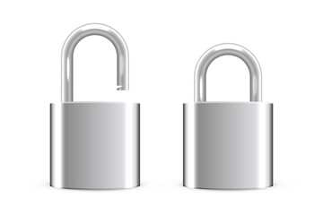 Metallic locks set. Silver closed and open padlocks isolated on transparent background. Safety and security concept. House protection. Game icons. Realistic vector illustrations.