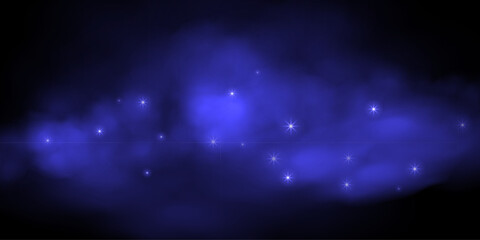 Night starry sky background. Dark sky with glowing blue nebula and sparkling stars on dark backdrop. Cosmic, fantasy, sci-fi, celestial-themed design. Abstract vector illustration.