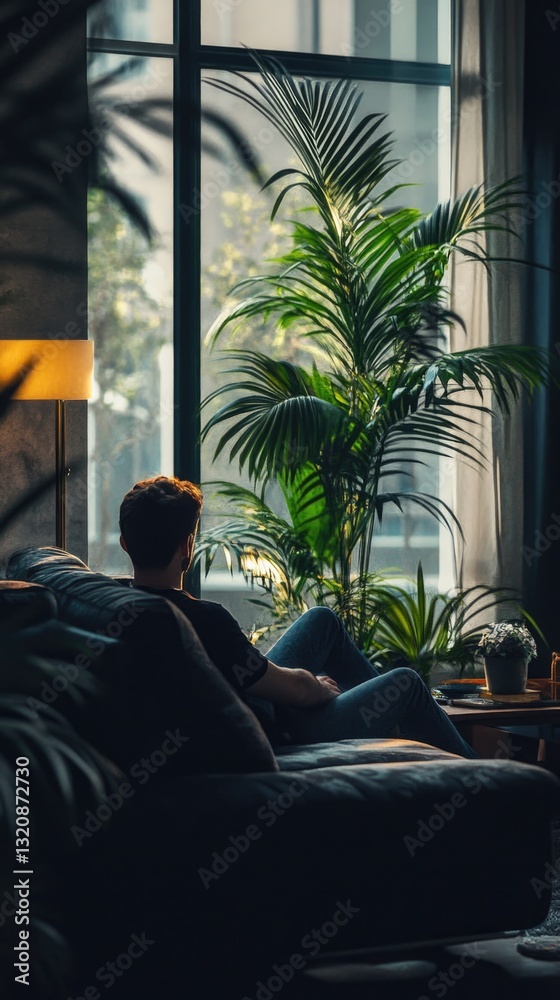 Poster a person relaxing indoors with natural light streaming in from the window