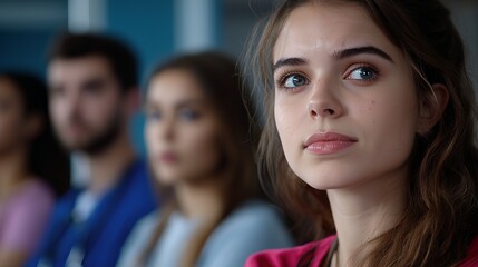 Obraz premium A young woman with long hair and blue eyes attentively listens in a group setting, conveying focus and engagement.