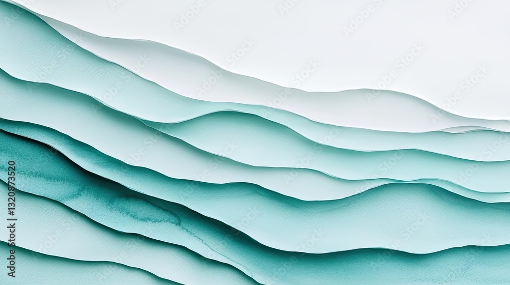 Poster Digital watercolor painting abstract background idea. Abstract ocean wave patterns created with layered paper in blue and white tones.
