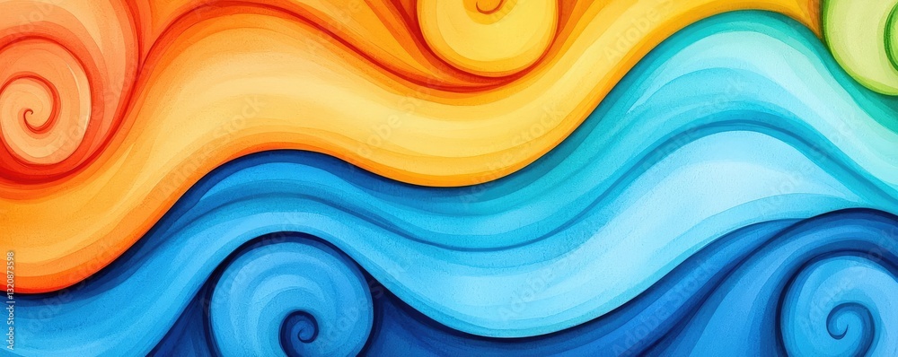 Poster Digital watercolor painting abstract background idea. Vibrant swirling waves of color create a dynamic and visually engaging abstract design.