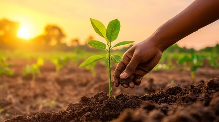 In a close-up shot, a farmer's hands are seen planting a seedling, representing the principles of regenerative agriculture and sustainable farming methods