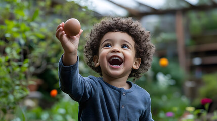 A young boy excitedly holds up an Easter egg he found in the garden, with flowers and grass in the background.