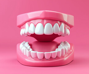 Obraz premium 3D illustration of dental model showcasing upper and lower teeth, set against vibrant pink background. This playful design emphasizes dental health and hygiene