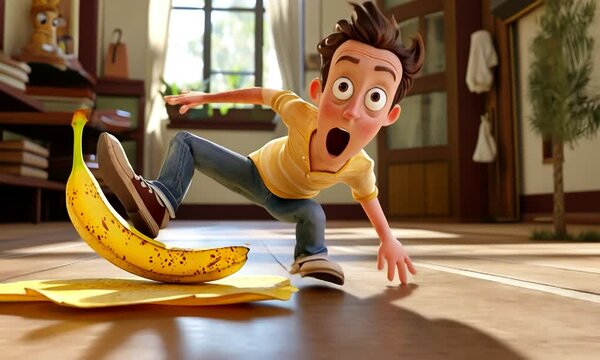 A surprised young boy slips on a banana peel in a bright, lively classroom with scattered papers