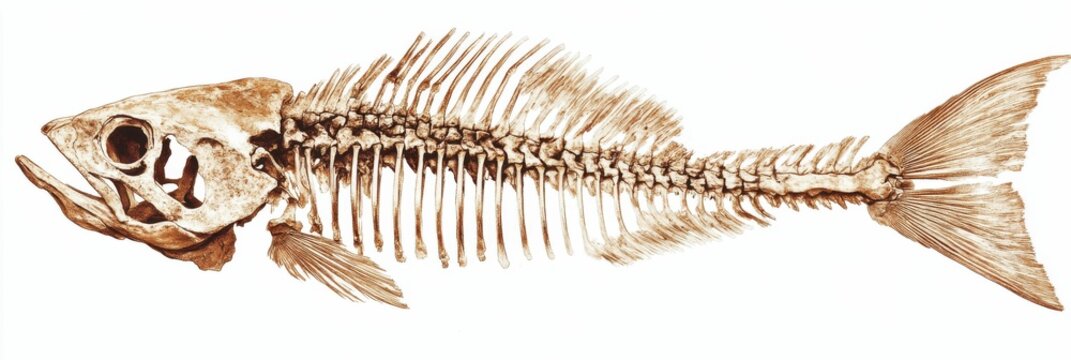 Fish Fossil: Ancient Geology of Prehistoric Fish Skeleton on White Background