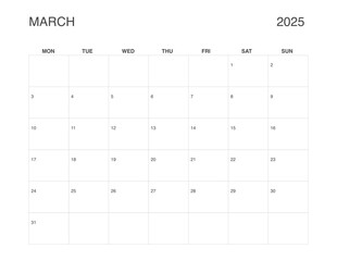 MARCH 2025 Letter Size Monthly Calendar, Minimalist Printable Calendar, Dated MARCH Planner